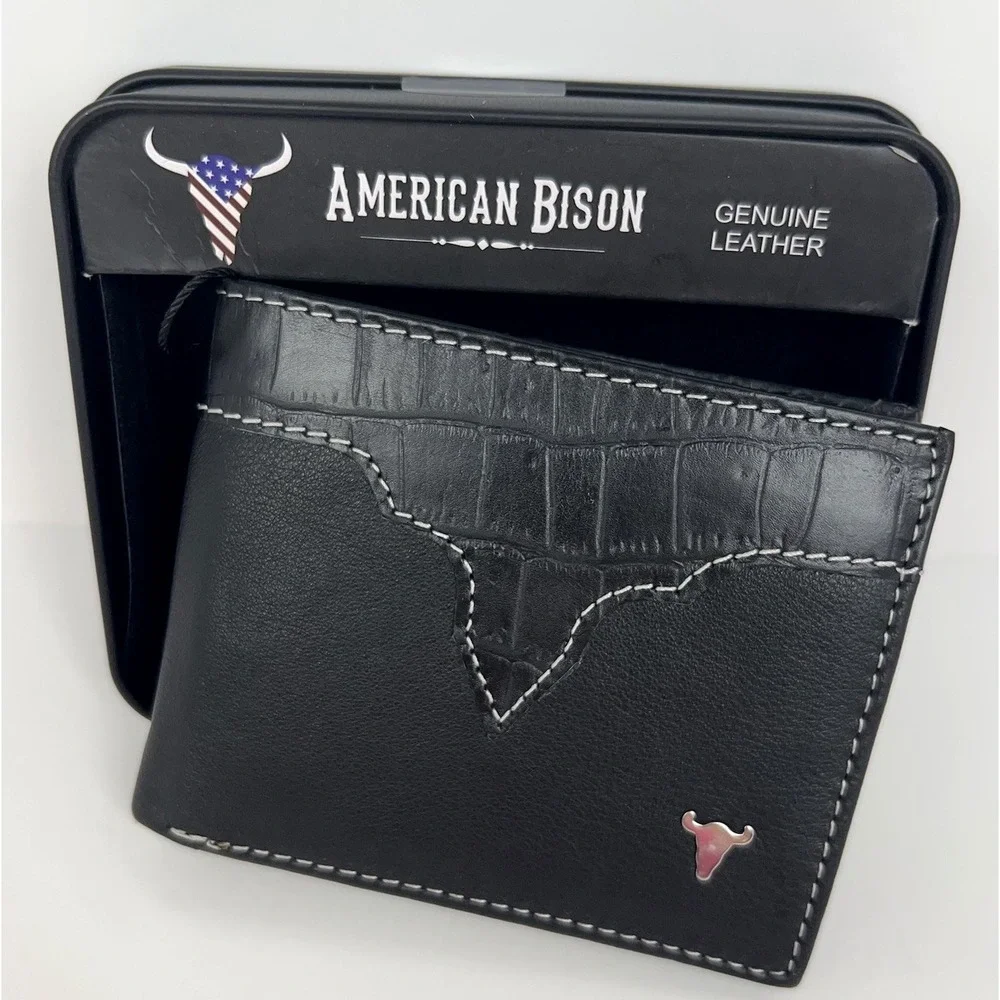 American Bison Genuine Leather Wallet Black Croc Embossed Bifold Metal Logo NEW